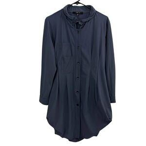 Jason Comfy USA Tunic Top Womens Medium Blue Gray Ruffled Collar Button Lantern